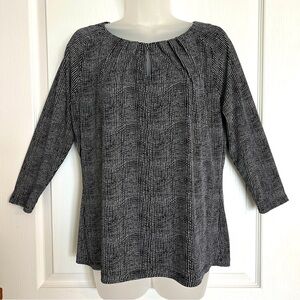Liz Claiborne Blouse Top 3/4 Sleeve Black White Dot Keyhole Neck Size Medium